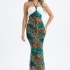 Green & White Leopard Print Mesh Maxi Dress