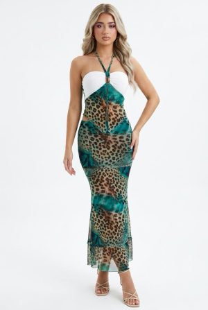 Green & White Leopard Print Mesh Maxi Dress