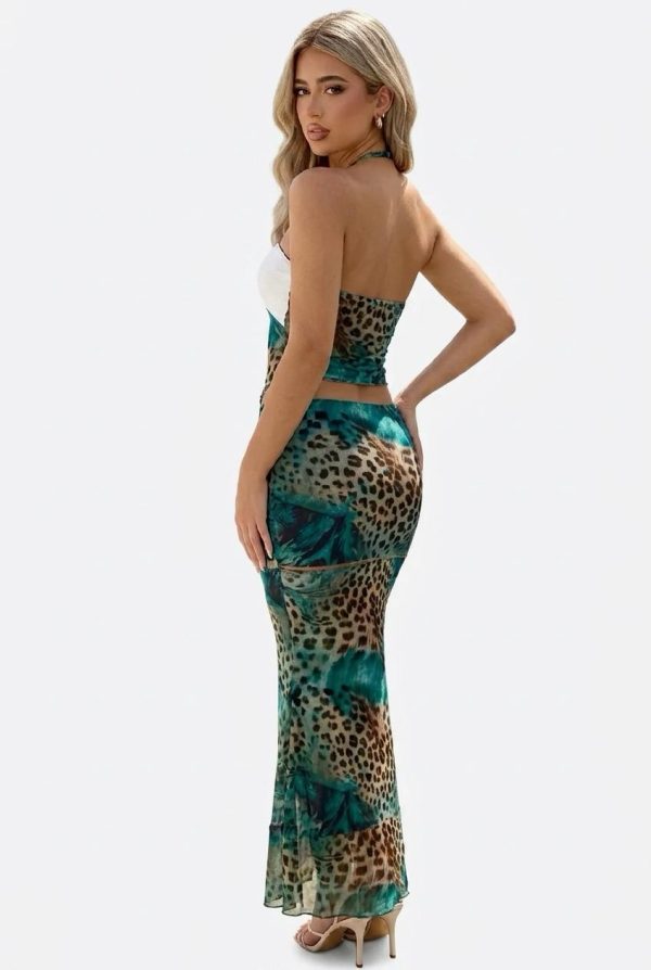 Green & White Leopard Print Mesh Maxi Dress
