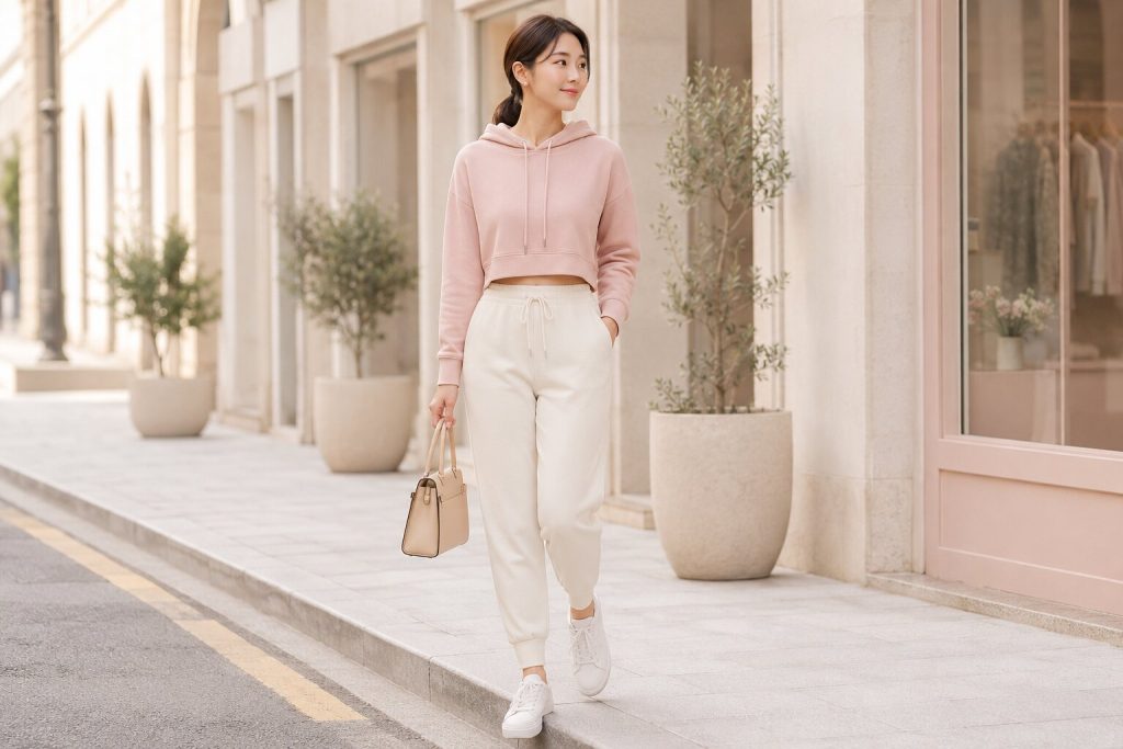 Blush pink hoodie and cream joggers styled with white sneakers and a structured bag for a polished casual outfit