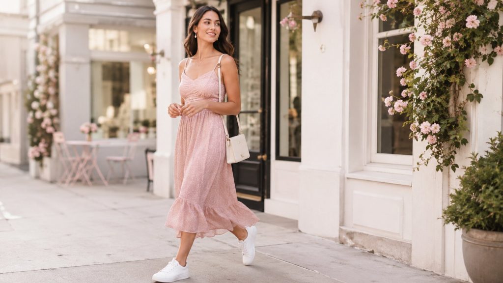Woman styling a blush pink midi dress with clean white sneakers for a feminine everyday outfit